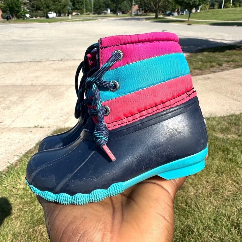 Sperry Toddler Girl Saltwater Duck Boots Size 7 Navy Pink Teal Rubber Shoes